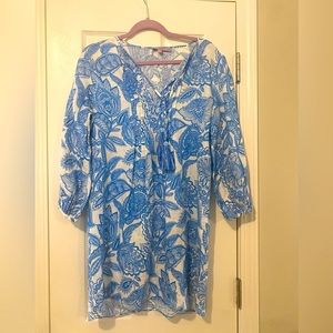 Calypso St Barth Linen Dress Blue White Floral Size XS